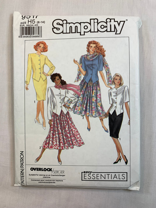 Simplicity Sewing Pattern 9517 Misses'/Miss Petite, Skirt, Unlined Jacket, Scarf, Long/Short Sleeves, Gathered Skirt, Size 6-14, Cut, Vintage 1989