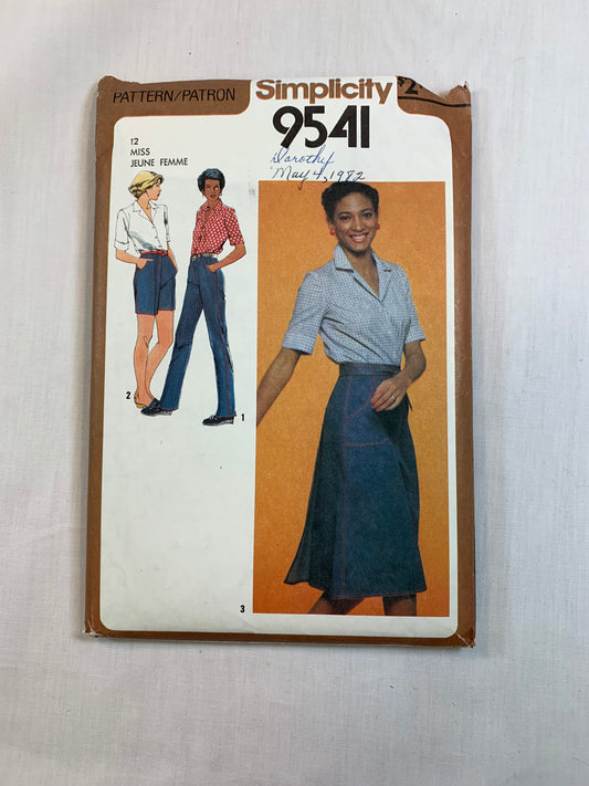 Simplicity 9541 Misses' Back Wrap Skirt, Pants, Shorts, Shirt, Size 12, Cut, Vintage 1980