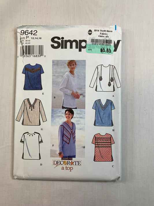 Simplicity 9642 Misses' Top, Shirt, Size 12-16, Cut, Vintage 1995