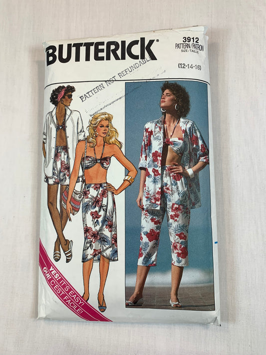 Butterick Sewing Pattern 3912 Misses' Shirt, Skirt, Pants, Shorts, Bra, Beach Wear, Loose-Fitting, Wrap Skirt, Pleats, Halter, Size 12, Cut, Vintage 1986