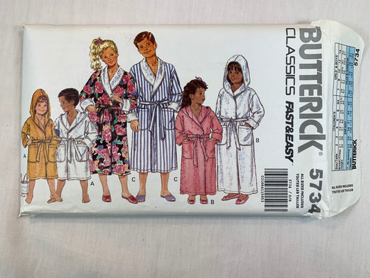 Butterick 5734 Girls' Boys' Hooded Robe, Lined Shawl Collar, Size 12-14, Cut, Vintage 1991