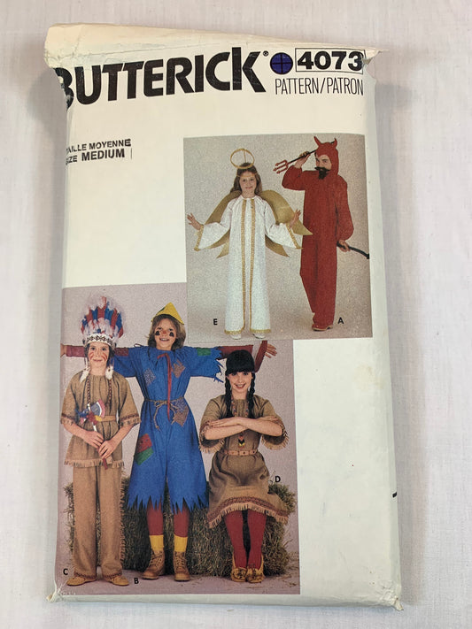 Butterick 4073, Girls' Boys' Costumes, Devil, Scarecrow, Indian, Angel, Size 8-10, Cut, Vintage 1980