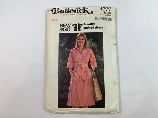 Butterick Sewing Pattern 4777 Misses' Dress, Elbow Kimono Sleeves, Semi-Fitted, Flared, Collar, Pockets, Tie, Size 14, Cut, Vintage 1970