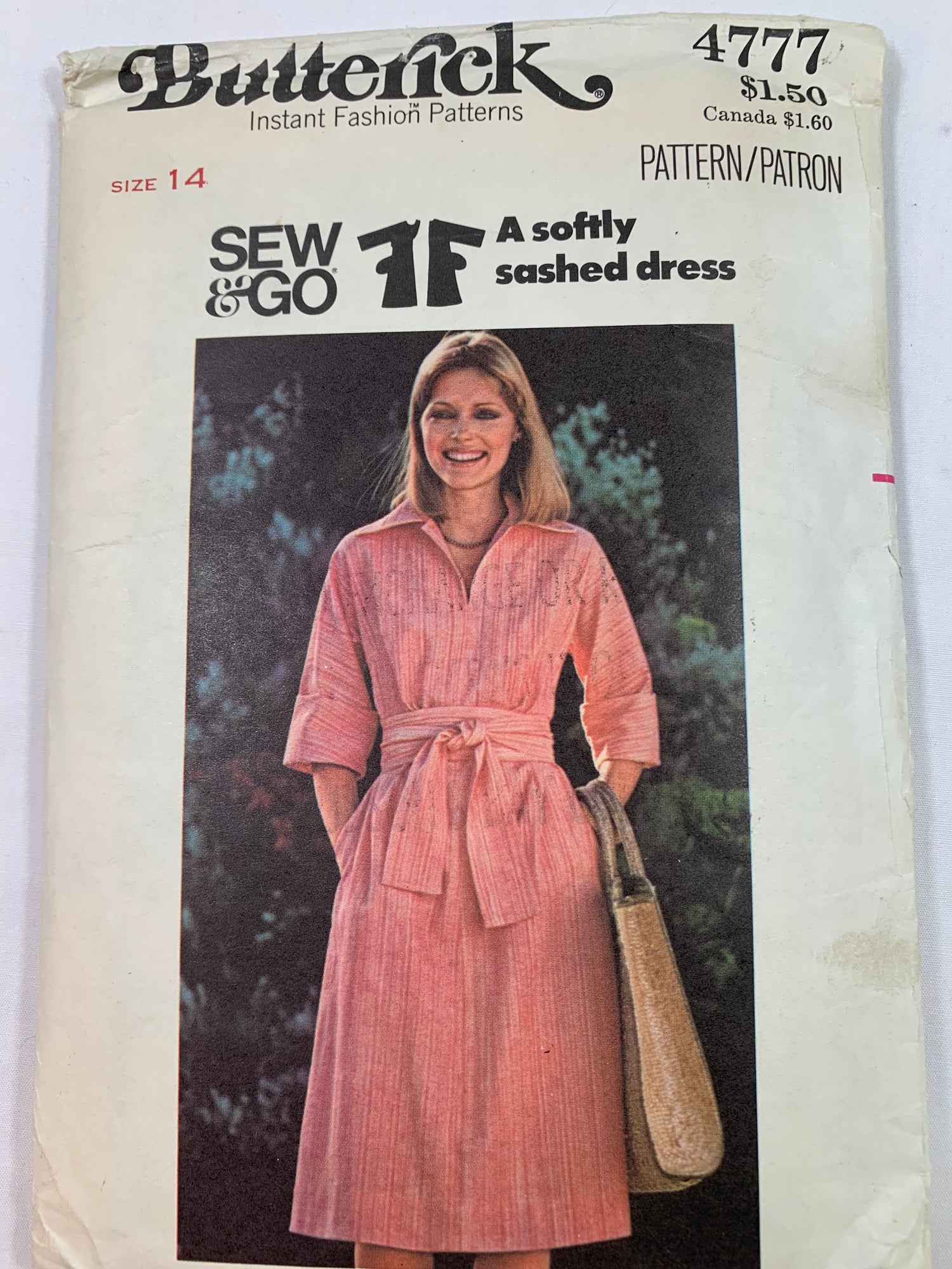 Butterick Sewing Pattern 4777 Misses' Dress, Elbow Kimono Sleeves,  Semi-Fitted, Flared, Collar, Pockets, Tie, Size 14, Cut, Vintage 1970