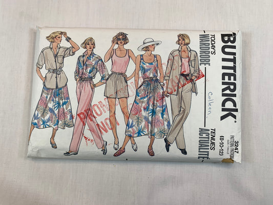 Butterick Sewing Pattern 3247 Misses' Shirt, Top, Skirts, Shorts, Pants, Pockets, Button Front, Size 8-12, Cut, Vintage 1985