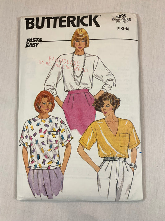 Butterick Sewing Pattern 3900 Misses' Tops, Loose-Fitting, Long/Short Sleeves, 3 Variations, PocketsSize 12-14, Cut, Vintage 1986