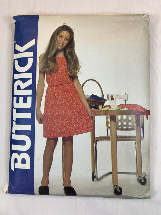 Butterick Girls' Jumper, Dress, Back Wrap, Semi-Fitted, Tie Belt, Halter Top, Above Knee Length. Size 7-14, Cut, Vintage 1990's