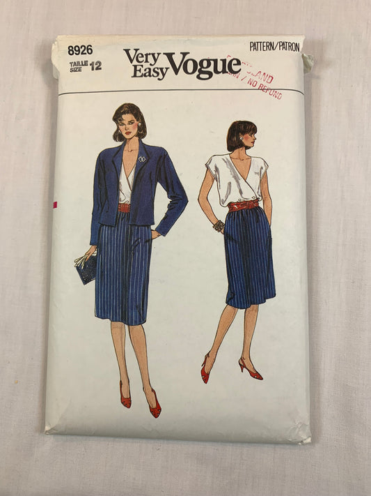 Vogue 8926 Misses' Jacket, Skirt, Blouse, Size 12, Cut
