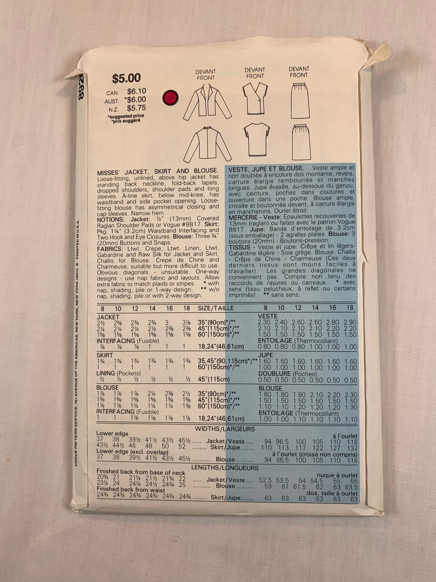 Vogue 8926 Misses' Jacket, Skirt, Blouse, Size 12, Cut