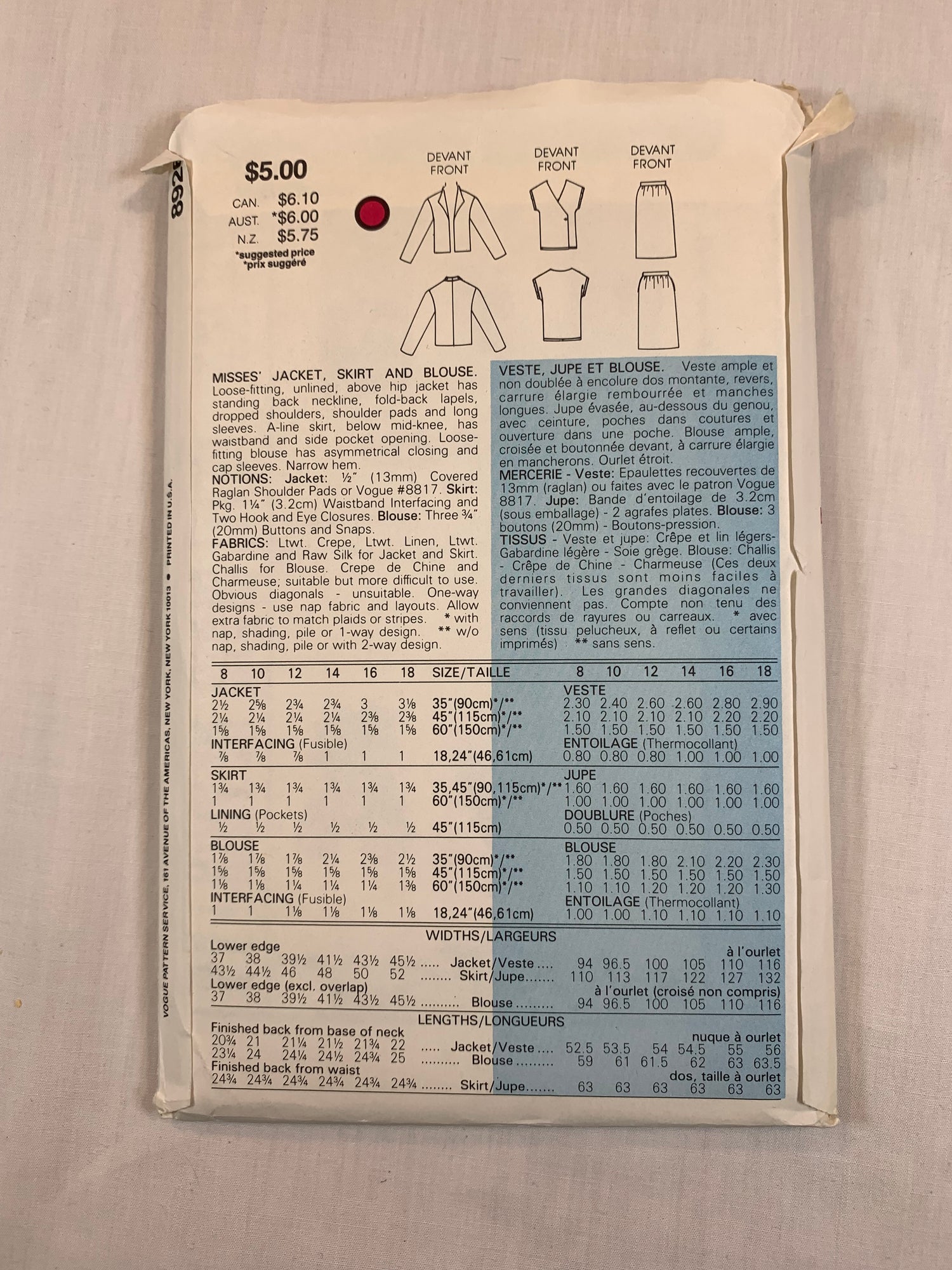 Vogue 8926 Misses' Jacket, Skirt, Blouse, Size 12, Cut