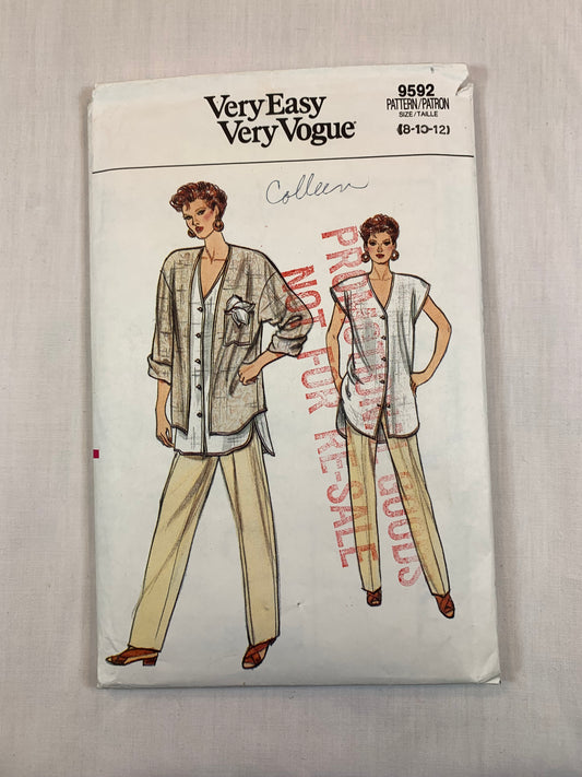 Vogue 9592 Misses' Top, Jacket, Pants, Size 12, Cut, Vintage 1986