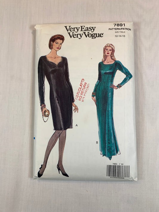 Vogue 7891, Misses' Dress, Size 12-14, Cut, Vintage 1990