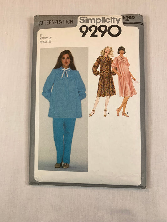 Simplicity 9290 Misses' Maternity Tops, Smock Dress, Pants, Size 12, Cut, Vintage 1979