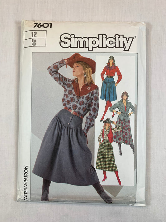 Simplicity 7601 Misses' Shirt, Vest, Skirt, Size 12, Cut, Vintage 1986