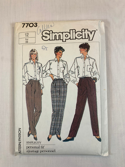 Simplicity Sewing Pattern 7703 Misses' Pants, Fly Zipper, Pockets, Size 12, Cut, Vintage 1986