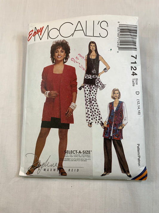 McCall's 7124 Misses' Unlined Jacket/Vest, Top, Skirt, Pants, Sash, Size 12-16, Uncut, Vintage 1994