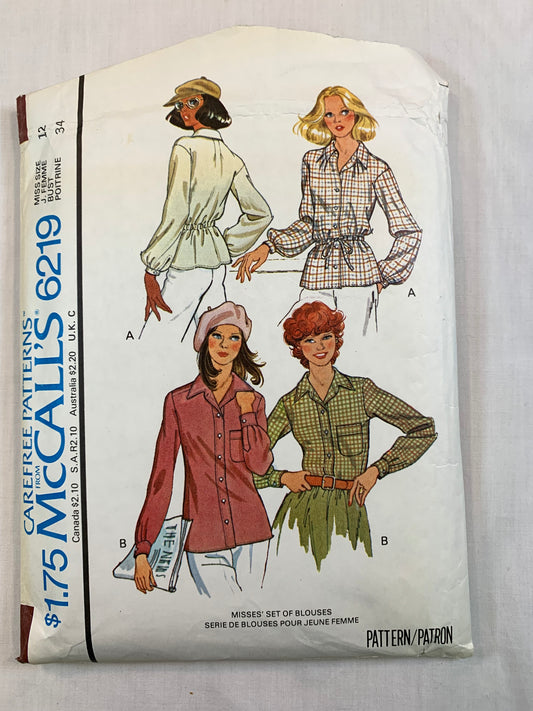 McCall's 6219 Misses' Blouse, Size 12, Cut, Vintage 1978