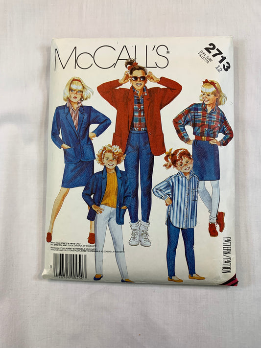 McCall's 2713 Girls' Jacket, Shirt, Skirt, Pants, Size 12, Cut, Vintage 1986