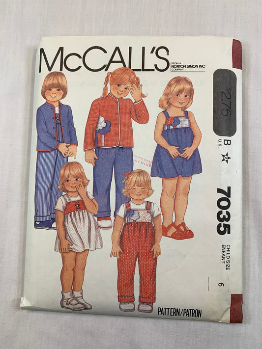 McCall's 7035 Girls' Jacket, Jumper, Sundress, Overalls, Appliques, Shoulder Straps, Size 6, Cut, Vintage 1980