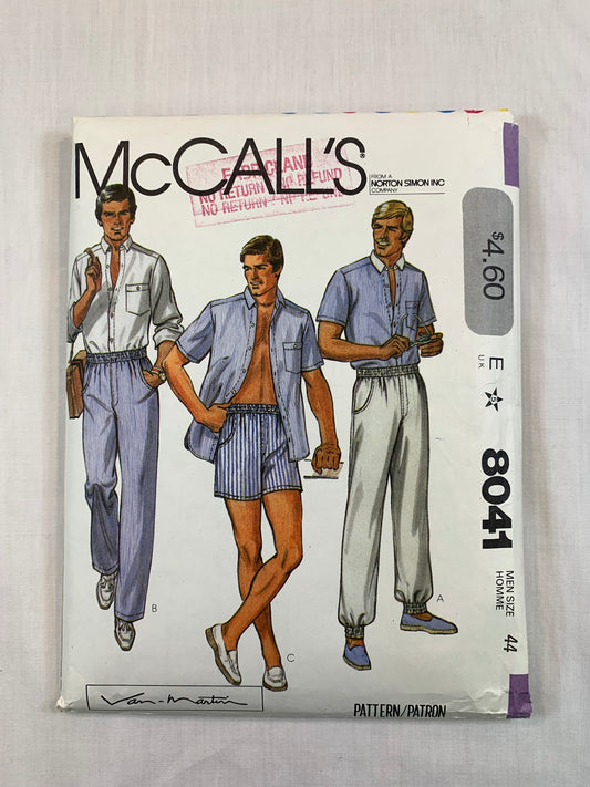 McCall's 8041 Men's, Shirt, Pants, Shorts, Size 44, Cut, Vintage 1982