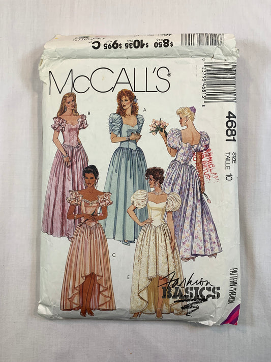 McCall's 4681 Misses' Gowns, Dress, Size 10, Cut, Vintage 1990