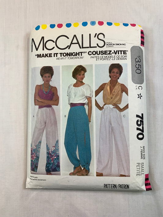 McCall's Sewing Pattern 7570 Misses' Pants, Elastic Waist, Tie at Ankles, Gathered, Loose-Fitting, Side Slits, Size 6-8, Cut, Vintage 1981