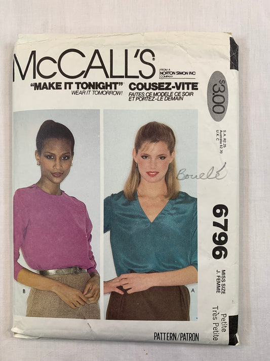 McCall's 6796 Misses' Tops, Size 6-8, Cut, Vintage 1979