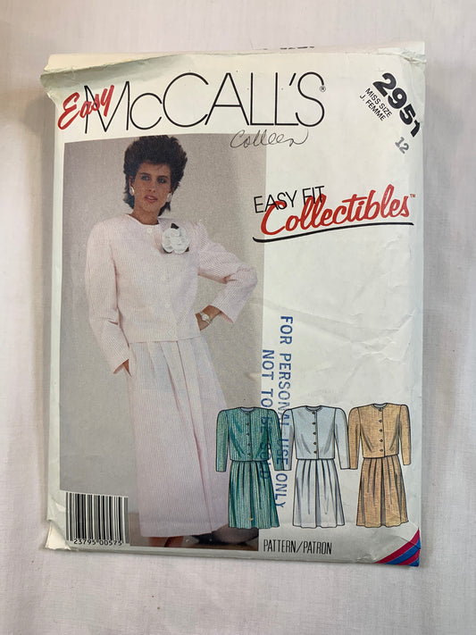 McCall's 2951 Misses' Lined Jacket, Skirt, Size 12, Cut, Vintage 1987