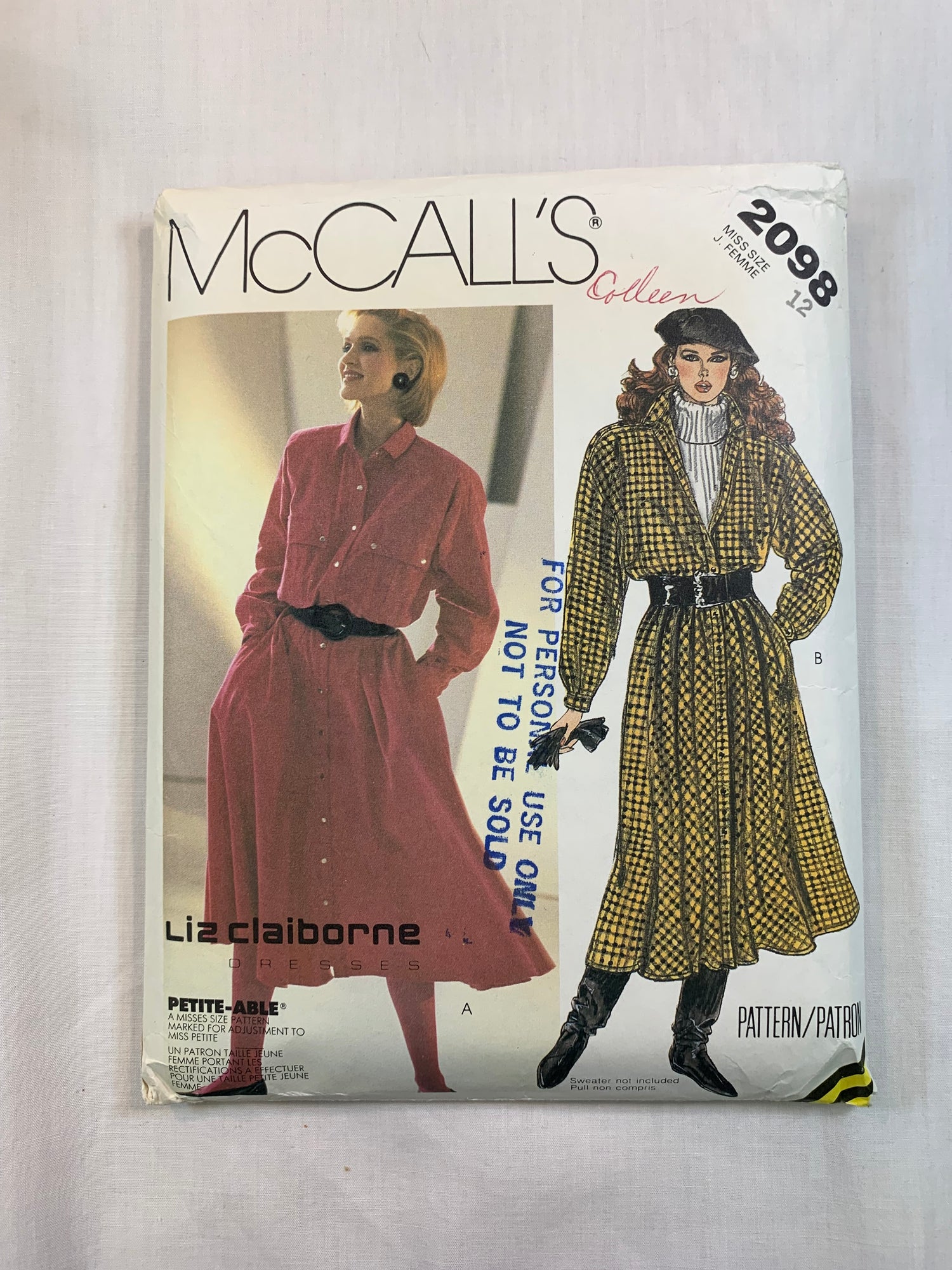 McCall's 2098 Misses' Dress. Size 12, Cut, Vintage 1985