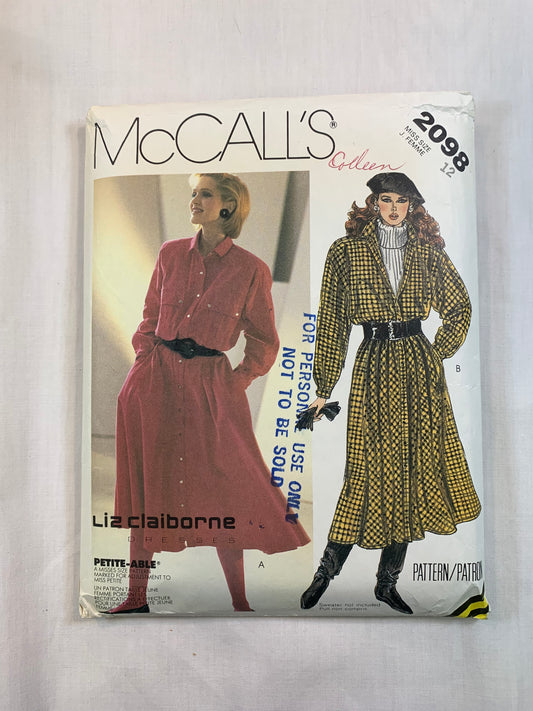 McCall's 2098 Misses' Dress. Size 12, Cut, Vintage 1985