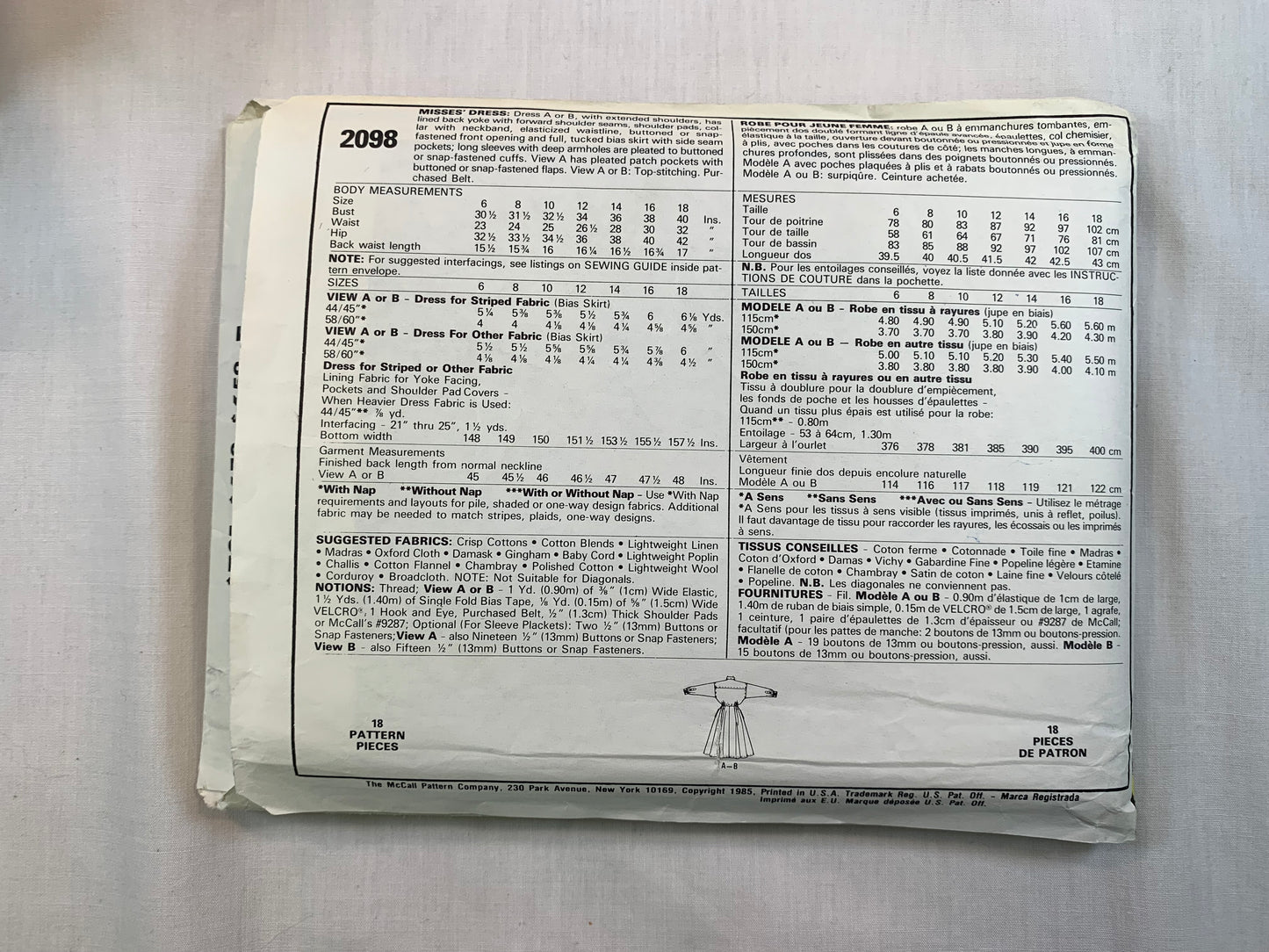 McCall's 2098 Misses' Dress. Size 12, Cut, Vintage 1985