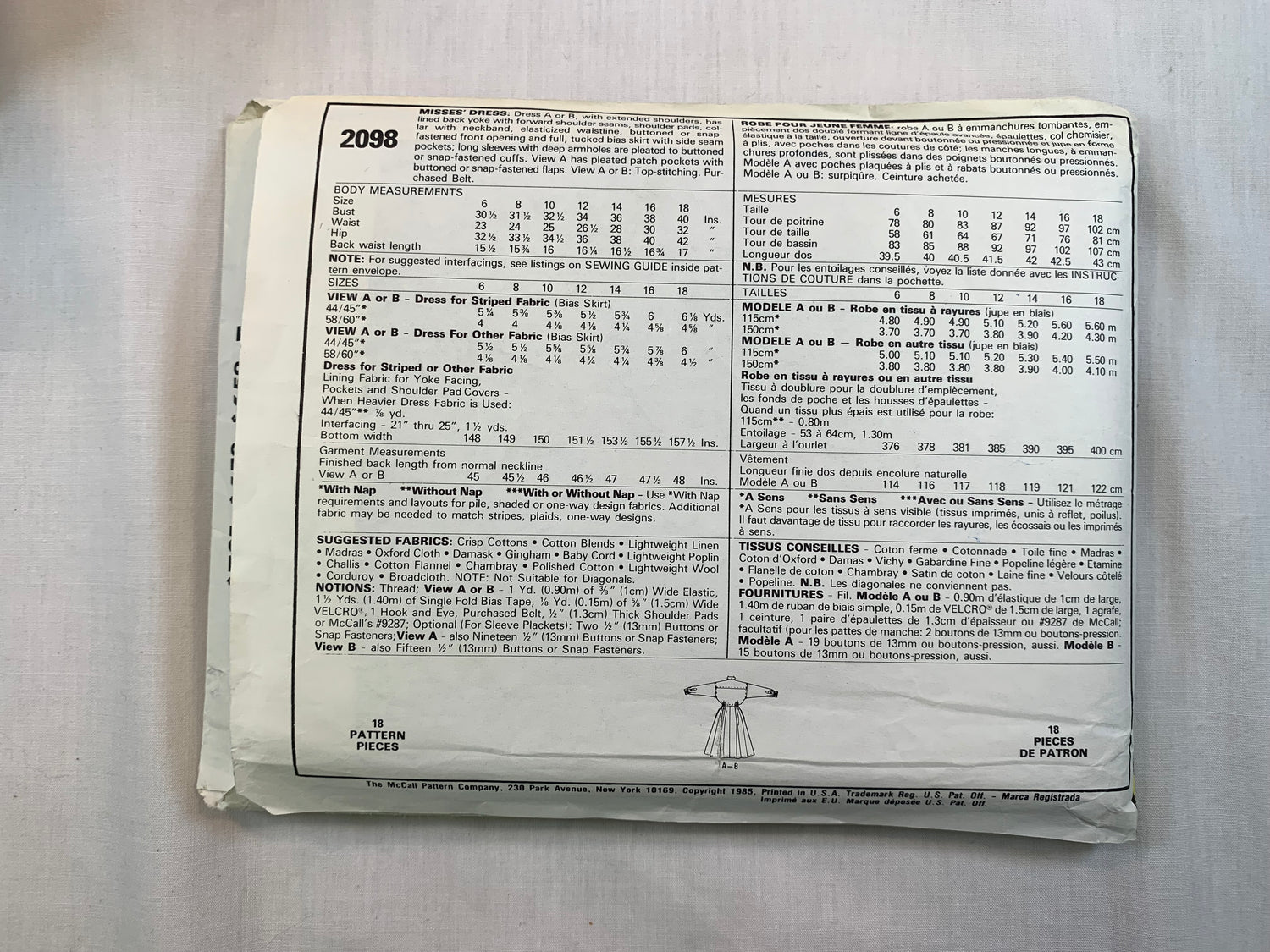 McCall's 2098 Misses' Dress. Size 12, Cut, Vintage 1985