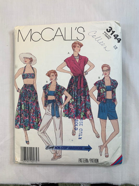 McCall's 3144 Misses' Shirt, Bra, Skirt, Pants, Shorts, Sash, Size 12, Cut, Vintage 1987