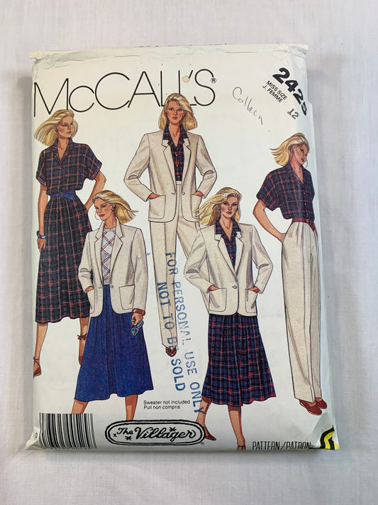 Mccall's Misses' Jacket, Shirt, Skirt, Pants, Size 12, Cut, Vintage 1986