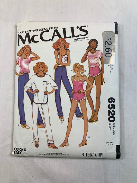 McCall's 6520 Misses' Tops, Pants, Shorts, Size 12, Cut, Vintage 1979