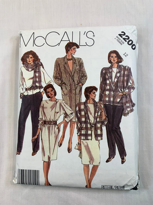 McCall's 2200 Misses' Coatdress, Jacket, Skirt, Blouse, Pants, Scarf, Size 12, Cut, Vintage 1985