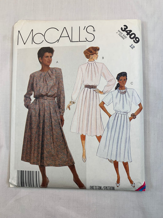 McCall's 3409 Misses' Dress, Belt, Size 12, Cut, Vintage 1987