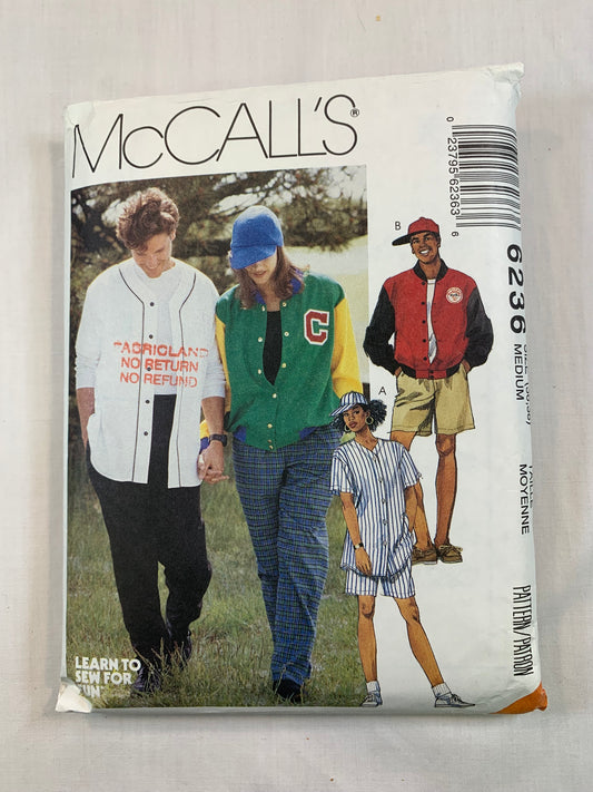 McCall's 6236 Men's, Misses' Teen Boys' Shirt Jacket, Pants, Shorts, Hat, Size 36-38, Cut, Vintage 1992