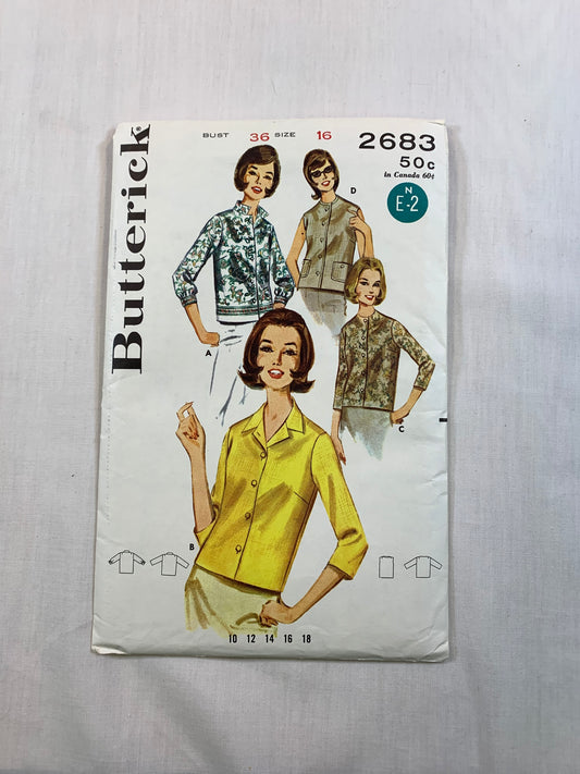 Butterick Sewing Pattern 2683 Misses' Tops, Pockets, Button Front, Collar, Long Sleeves, Sleeveless, Size 16, Uncut, Vintage 1960