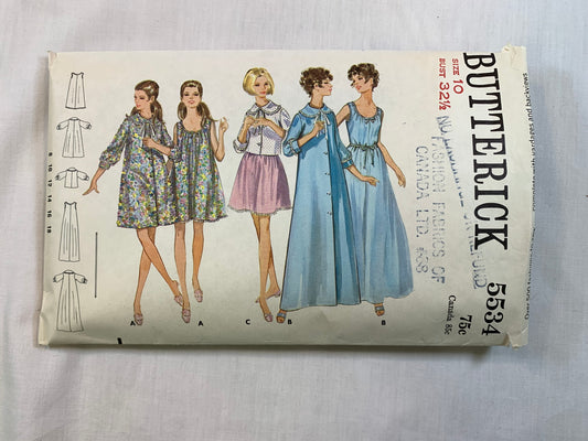 Butterick 5534 Misses' Robe, Nightgown, Jacket, Size 10, Uncut, Vintage 1970