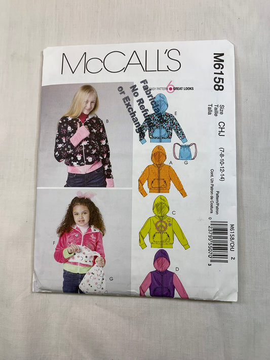 McCall's Girls' Hoodies, Bag, Size 7-14, Uncut, 2010