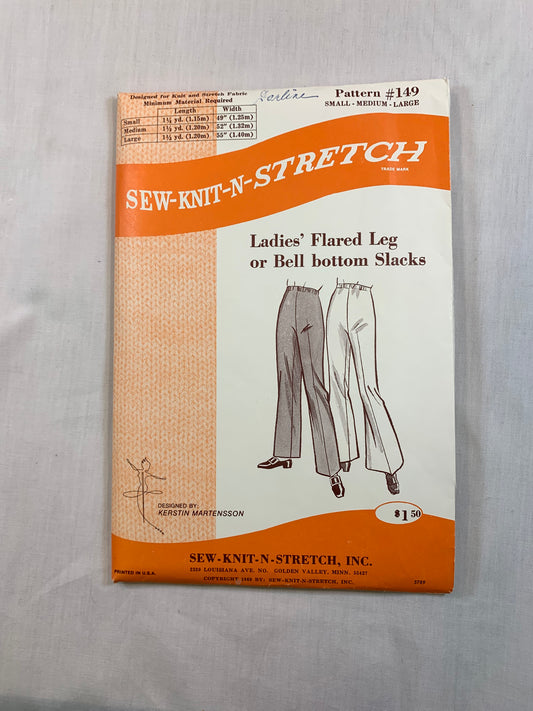 Sew-Knit-N-Stretch Pattern 149, Ladies' Misses' Flared Leg or Bell Bottom Pants, Uncut, Vintage 1969