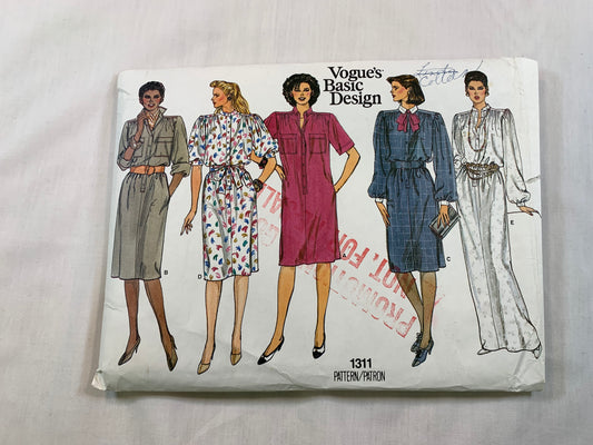 Vogue Sewing Pattern 1311, Misses' Dress, Pockets, Long/Short Sleeves, Loose-Fitting, Coller, Shoulder Pads, Size 8-12, Uncut, Vintage 1989