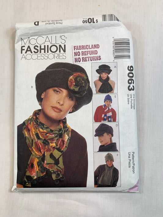 McCall's 9063 Misses' Fashion Accessories, Hats, Hood, Scarves, Neckwarmer, Dickie, Cut, Vintage 1996