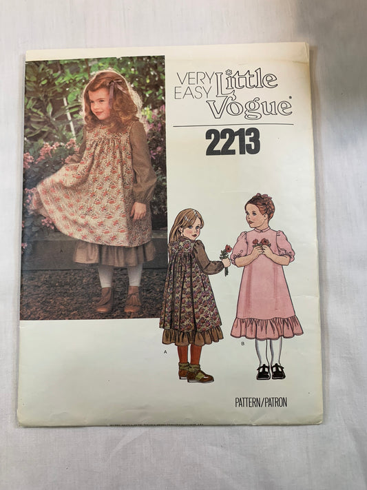 Vogue Little Sewing Pattern 2213 Girls' Dress, Pinafores, Loose-Fitting, Pockets, Long/Short Sleeves, Sleeveless, Size 6, Cut, Vintage 1998