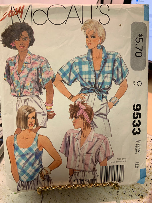 McCall's 9533 Misses' Blouse, Size 10, Cut, Vintage 1985