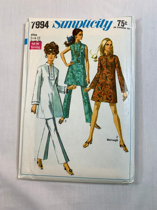 Simplicity 7994 Misses' Mini-Dress, Tunic, Bell Bottom Pants, Size 12, Uncut, Vintage 1968