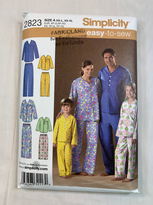 Simplicity Sewing Pattern 2823 Unisex Child's, Adults, Top, Pants, Pajamas, Sleepwear, All Sizes XS-L, XS-L, Uncut, 2002
