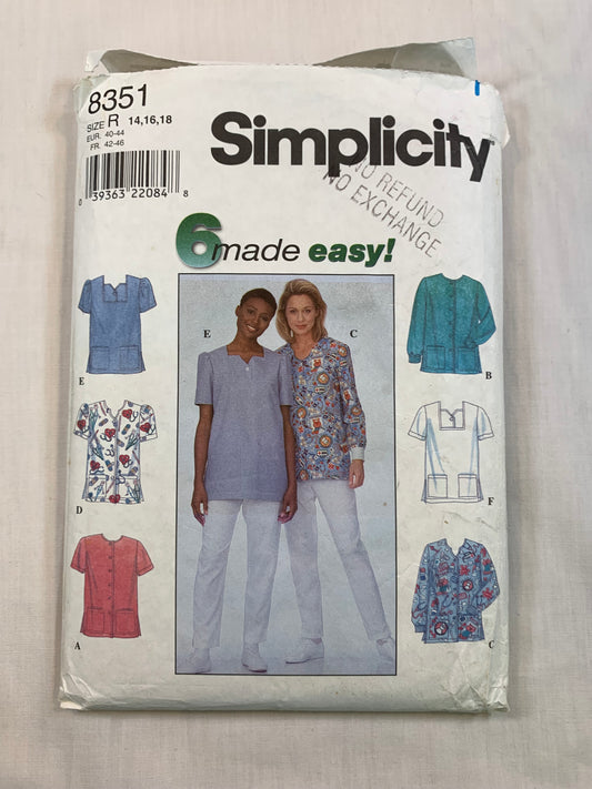 Simplicity Sewing Pattern 8351 Misses' Top, Long/Short Sleeves, Pockets, 6 Variations, Button Front, Size 14-18, Uncut, Vintage 1998