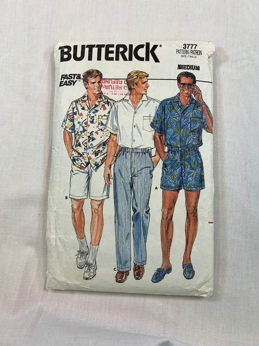 Butterick Sewing Pattern 3777 Men's Shirt, Shorts, Pants, Button Front, Elastic Waist, Zipper Fly, Short Sleeves, Collar, Pockets, Size 38-40, Uncut, Vintage 1986